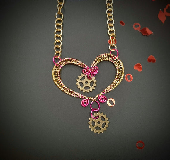 HOT PINK AND GOLD GEARS  HEART PENDANT