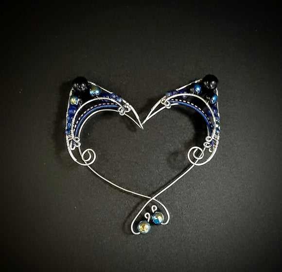 GERMAN SILVER, BLUE AND BLACK ELF EARS